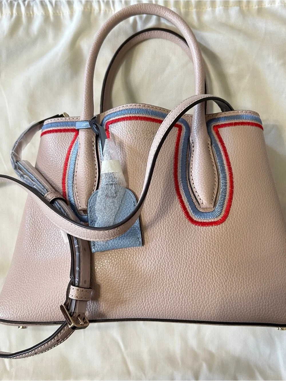 kate spade light pink leather satchel with navy and red trim